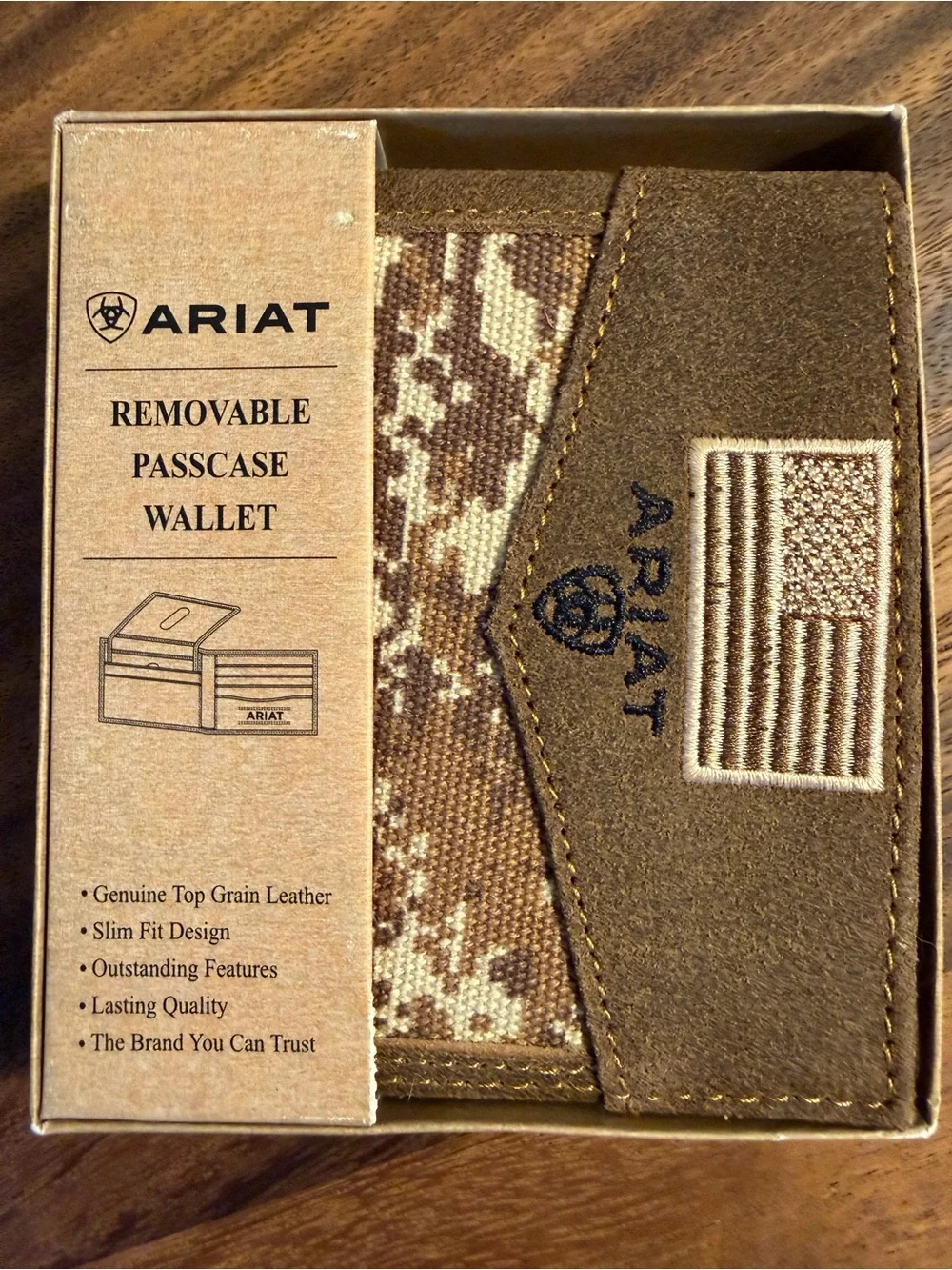 Ariat Brown and Tan Camouflage Suede Passcase Wallet with Flag Patch